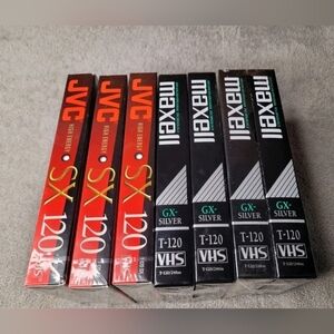 Lot of 7 Blank VHS Tapes New Sealed JVC 120 SX & Maxell GX Silver